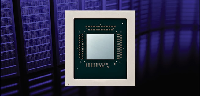 Computer chip with server racks in the background.